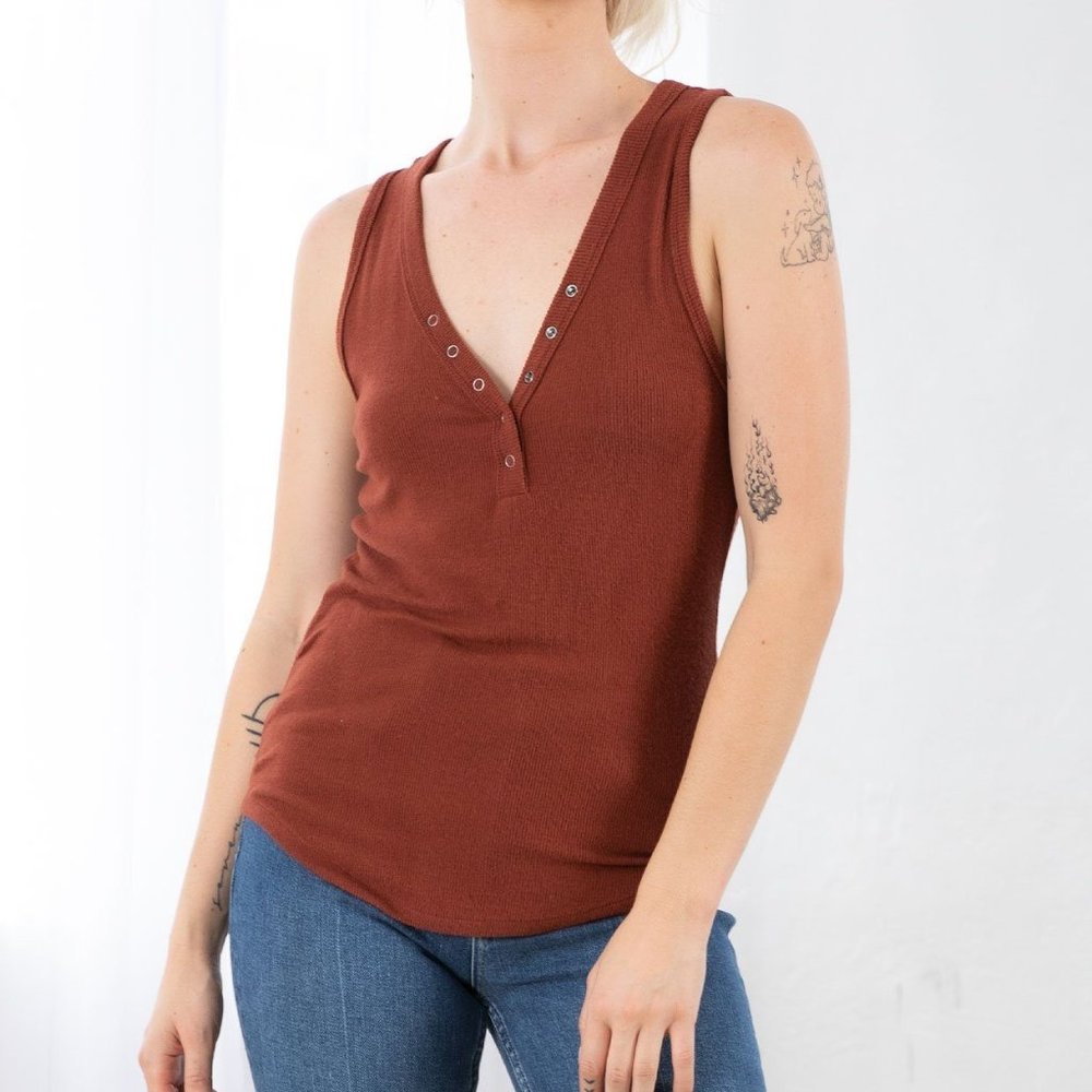 Lovestitch Rust Red Bamboo Rib Henley Tank Top Sz S